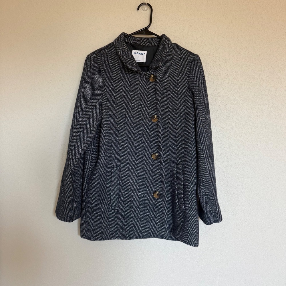 Old Navy Womens Navy Blue Herringbone Wool Blend Button Up Car Coat Size S